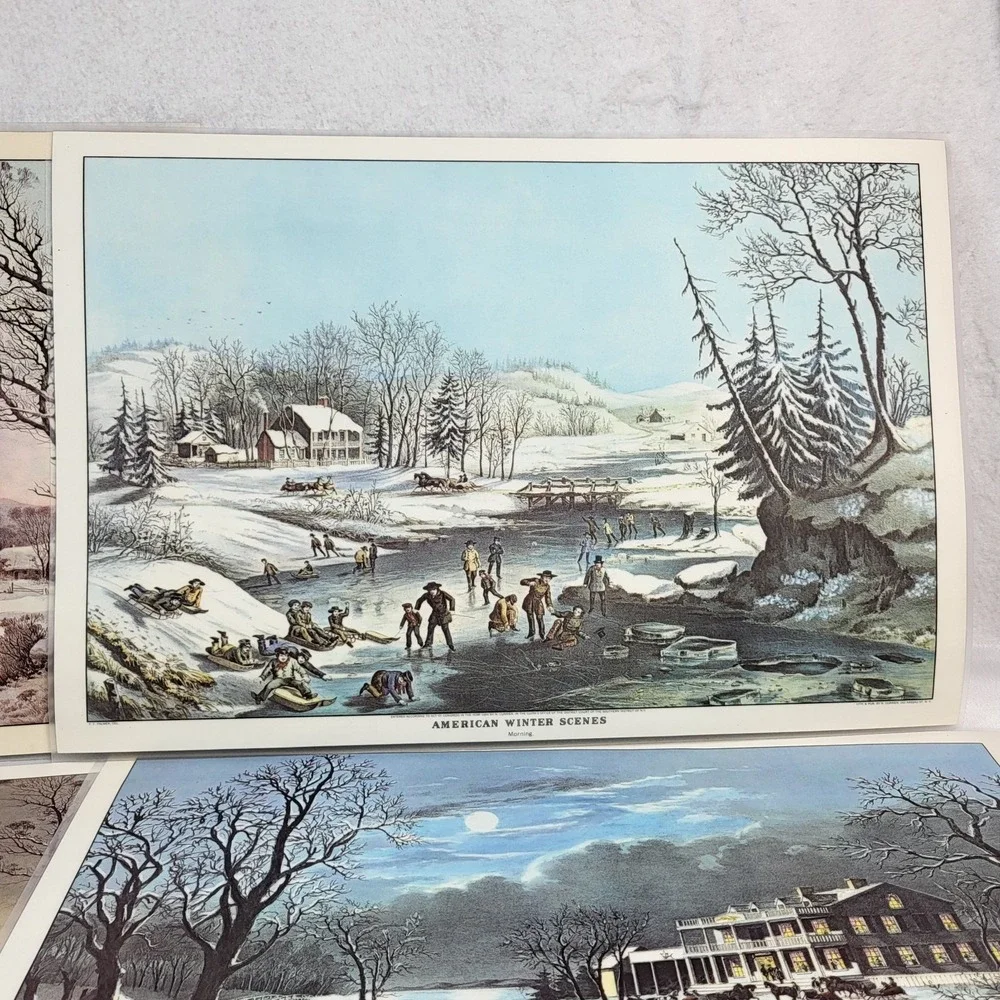 Currier and Ives American Winter Scenes 4 VTG Placemats Set Reversible Christmas